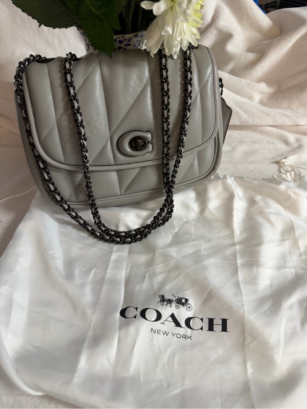 Coach Quilted Shoulder Bag in Light Gray with Gunmetal Chain